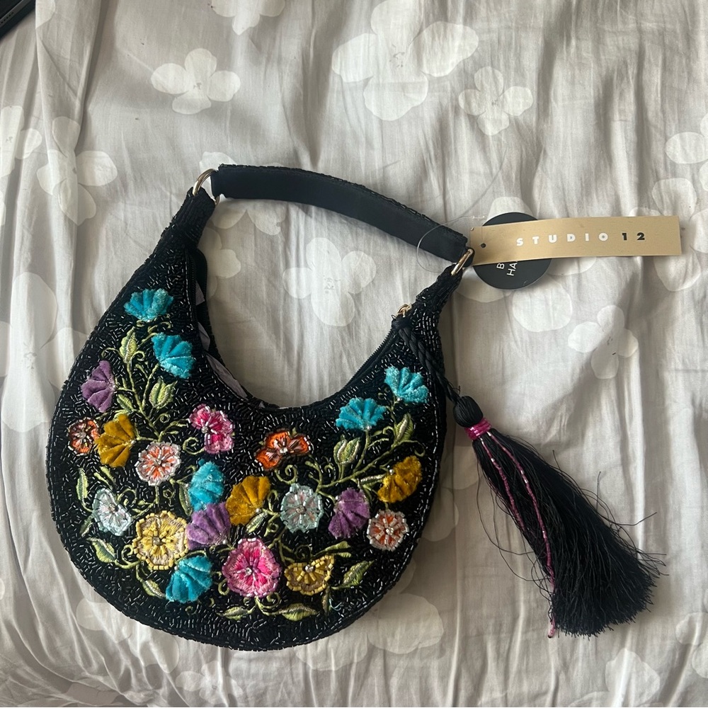 Studio 12 Black shoulder Bag with Colorful Floral Embroidery